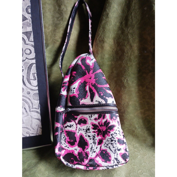 Amazing Vintage Mod Handbag Pink And Black Floral 1960s Zip Japan Oversized - Picture 1 of 9